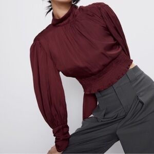 Zara Red Maroon Open Back Long Sleeve Blouse